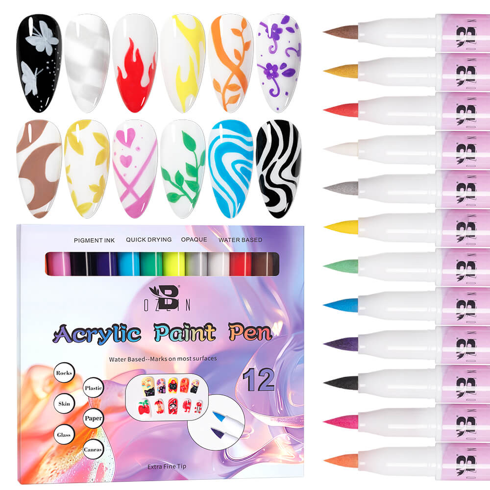 BOZLIN 3D Nail Art Pens 12 Colors Quick Drying DIY Acrylic Paint Pens