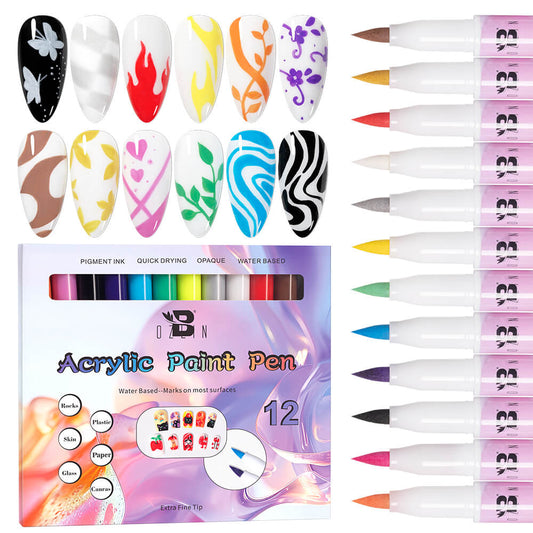 BOZLIN 3D Nail Art Pens 12 Colors Quick Drying DIY Acrylic Paint Pens