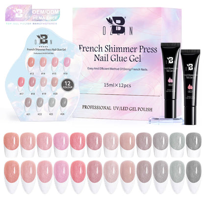 BOZLIN 24 Colors Shimmer Soft Gel Nail Glue Gel for Press on French Nails