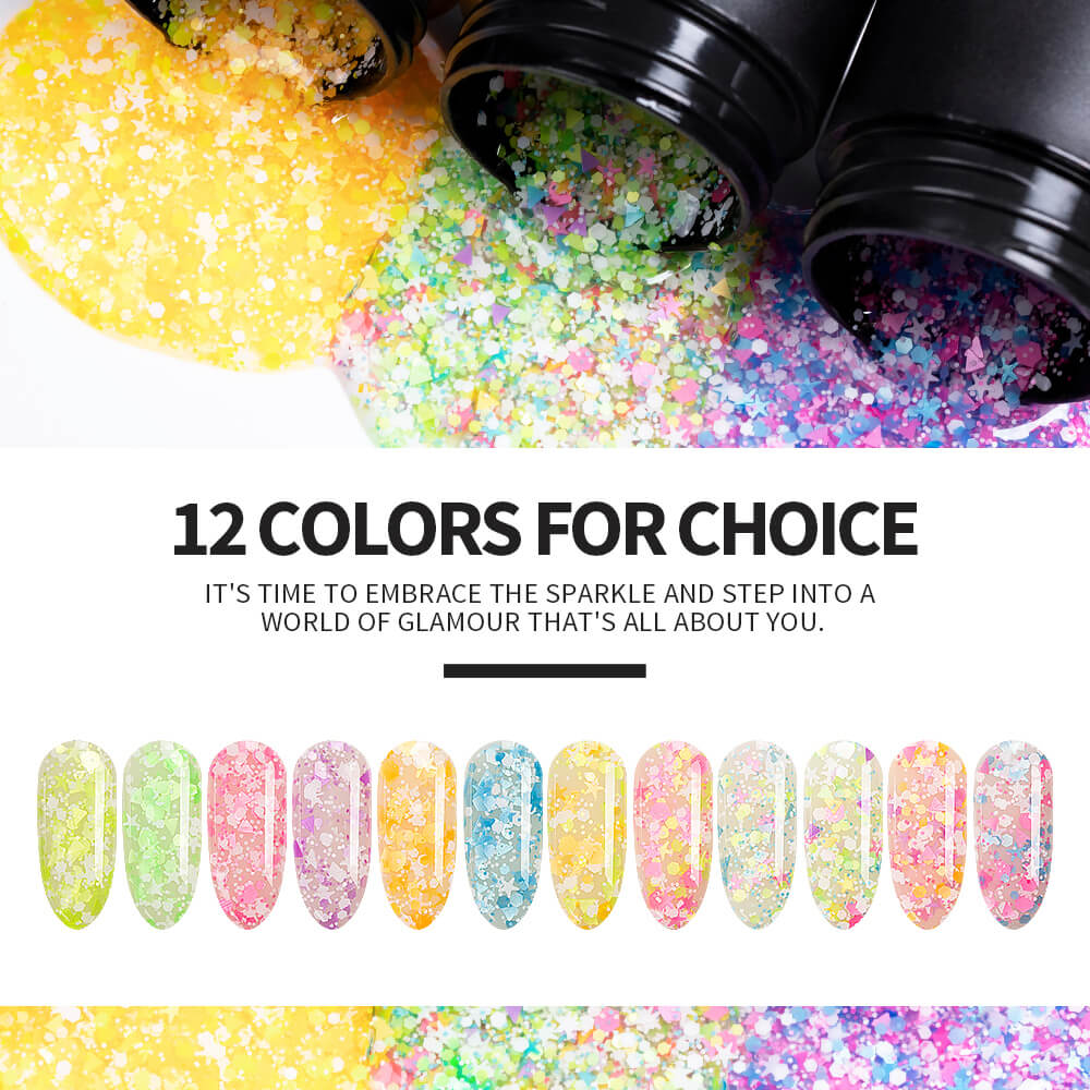 BOZLIN Sequins Nail Gel 12 Colors Soak Off UV LED Nail Art Gel Polish