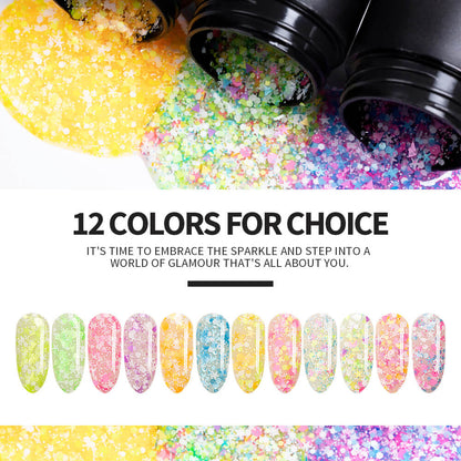 BOZLIN Sequins Nail Gel 12 Colors Soak Off UV LED Nail Art Gel Polish