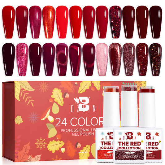 BOZLIN Red Gel Polish 24pcs Cat Eye Glitter Color Uv Gel Nail Polish Collection