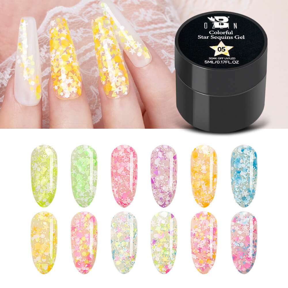 BOZLIN Sequins Nail Gel 12 Colors Soak Off UV LED Nail Art Gel Polish